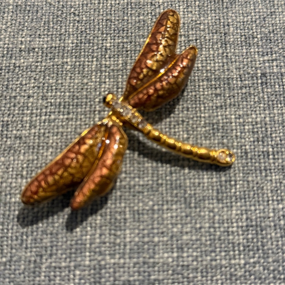 Vintage Enamel Dragonfly Brooch Gold Tone Crystal Accents Vintage Swan Logo